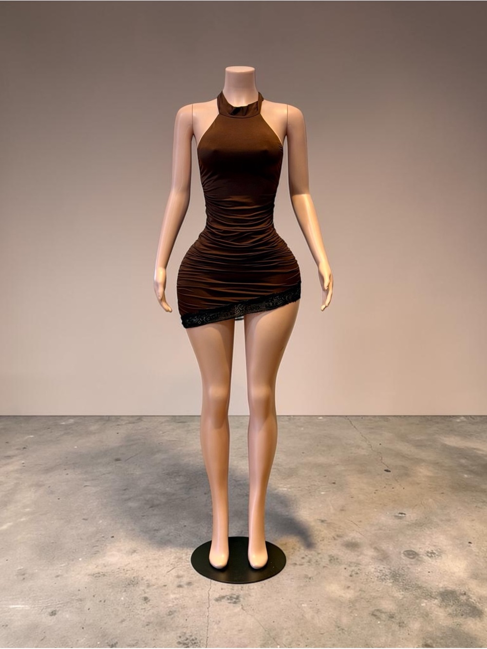 Brown Halter Ruched Mini Dress - Brand: